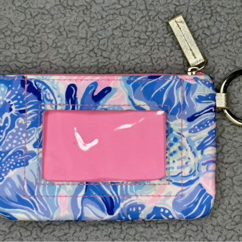 Lilly Pulitzer Card Holder Wallet Floral Gold ID Window Keyring Zip Closure Coin